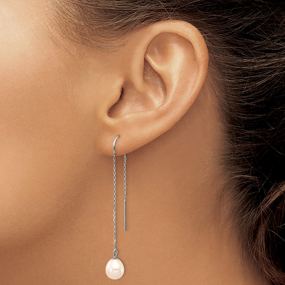 14K White Gold 7-8mm White Teardrop FW Cultured Pearl Threader Earrings