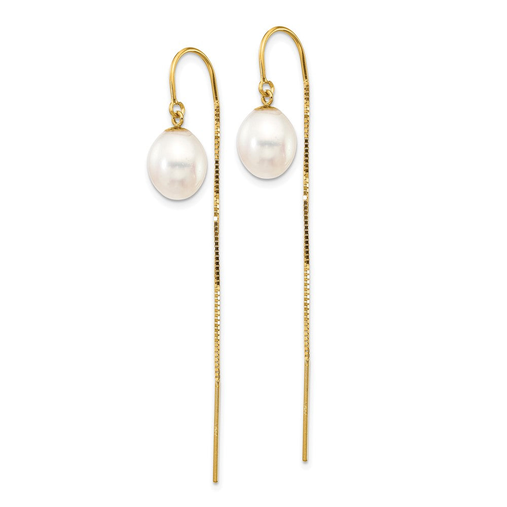 14k 7-8mm White Rice FW Cultured Pearl Box Chain Threader Earrings