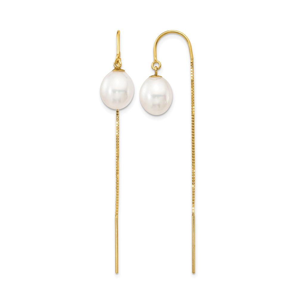 14k 7-8mm White Rice FW Cultured Pearl Box Chain Threader Earrings