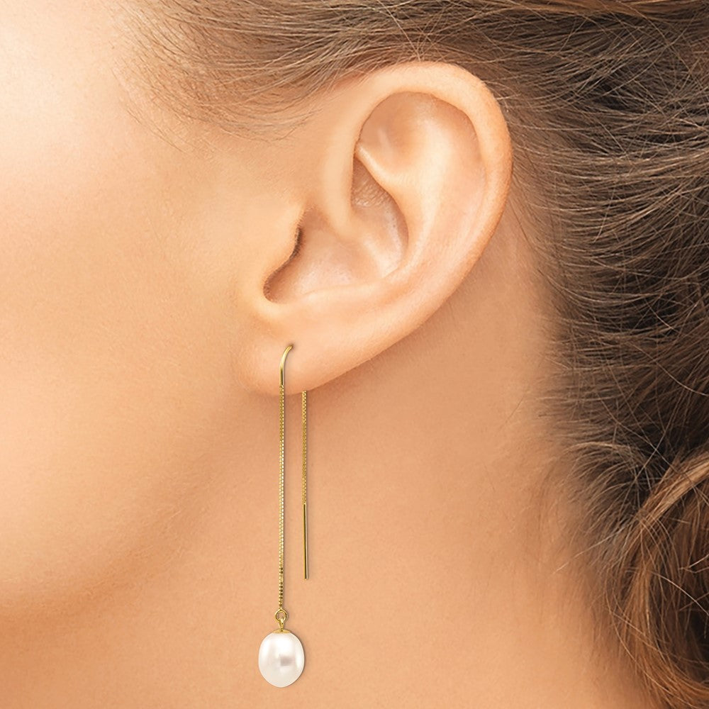 14k 7-8mm White Rice FW Cultured Pearl Box Chain Threader Earrings