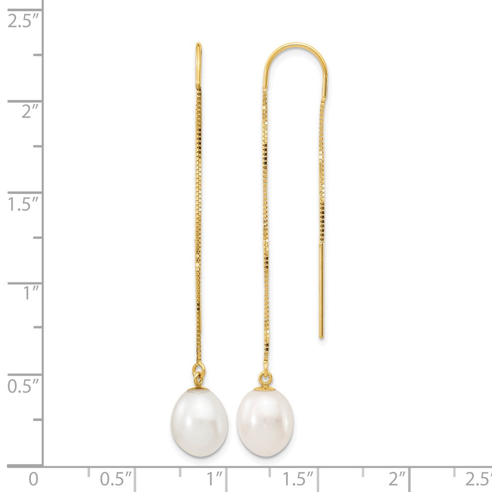 14k 7-8mm White Rice FW Cultured Pearl Box Chain Threader Earrings