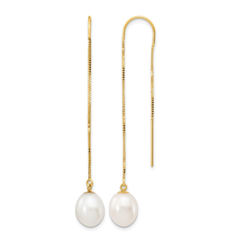 14k 7-8mm White Rice FW Cultured Pearl Box Chain Threader Earrings