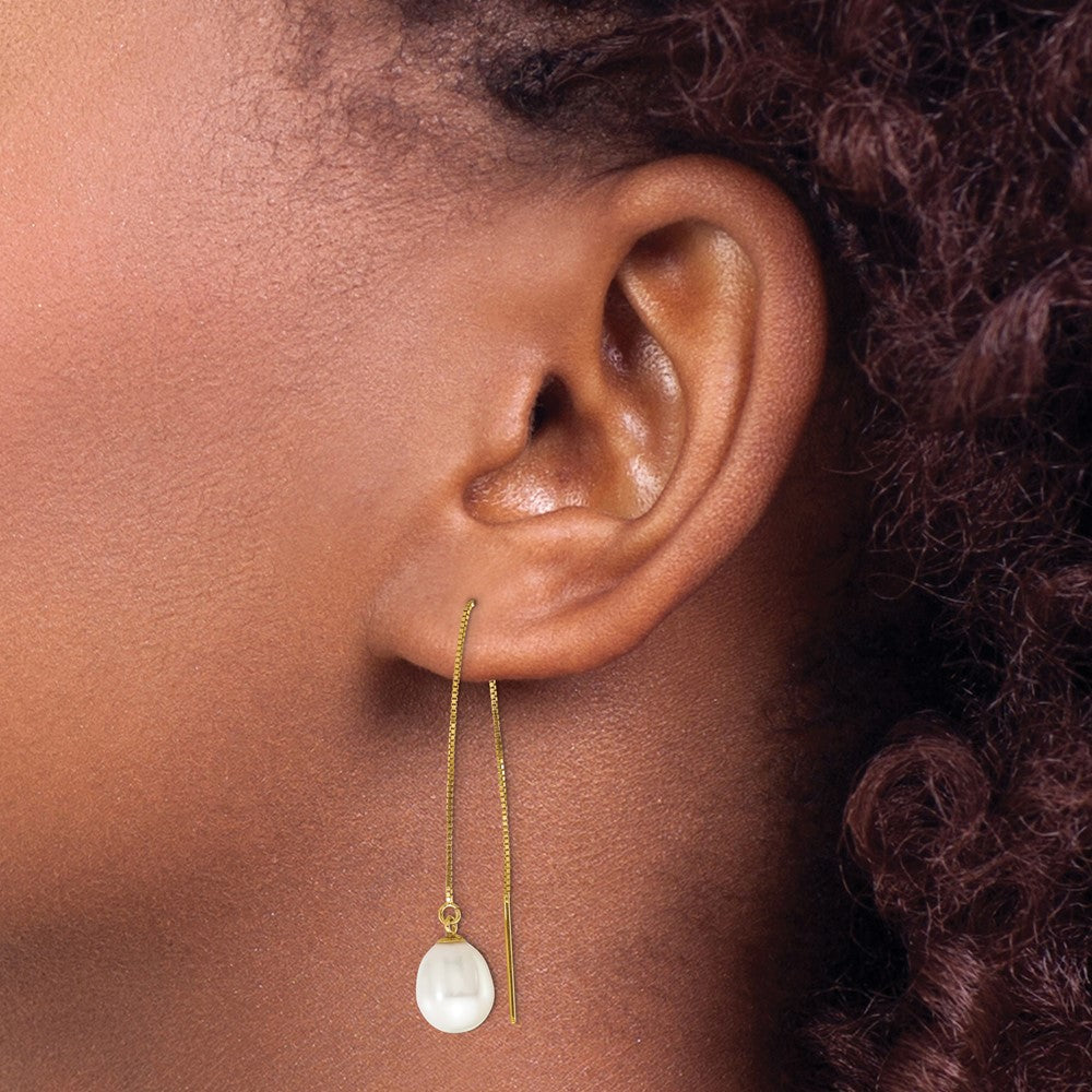 14k 7-8mm White Teardrop FW Cultured Pearl Box Chain Threader Earrings