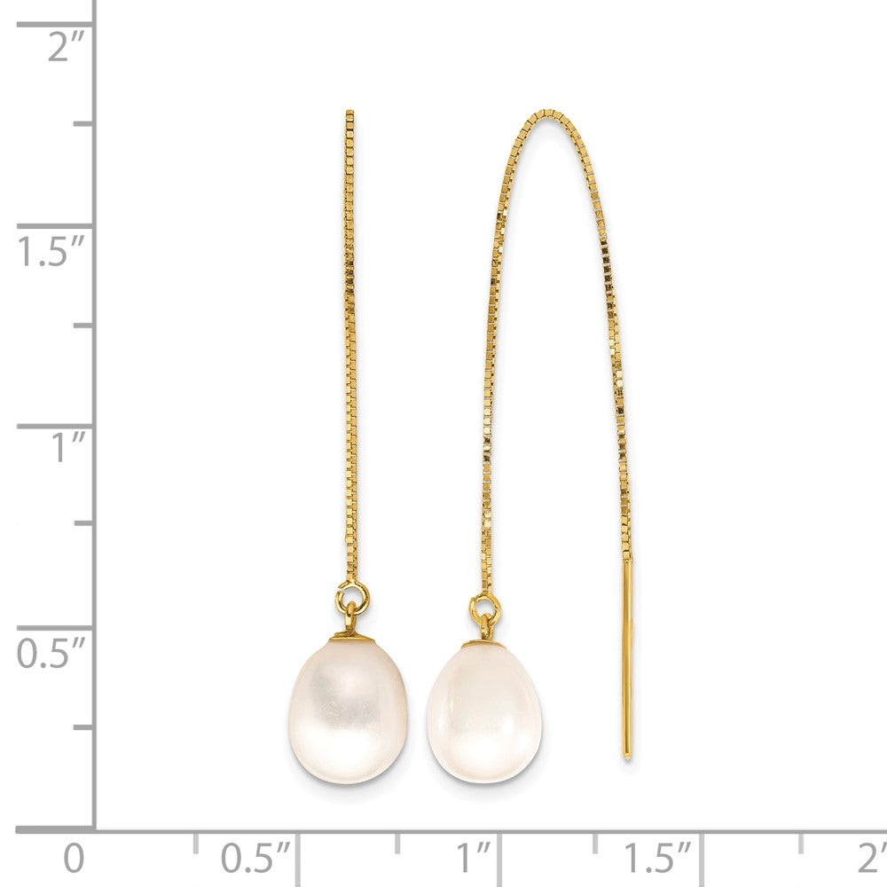 14k 7-8mm White Teardrop FW Cultured Pearl Box Chain Threader Earrings