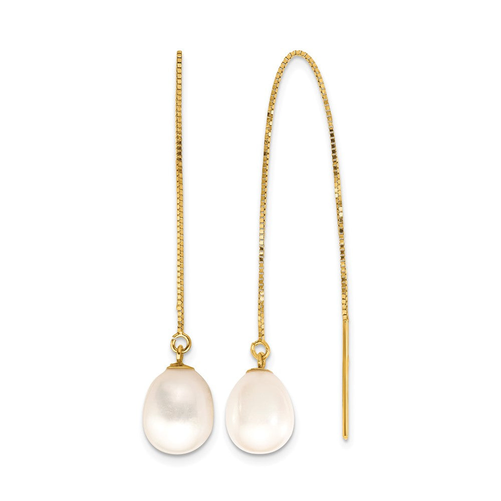 14k 7-8mm White Teardrop FW Cultured Pearl Box Chain Threader Earrings