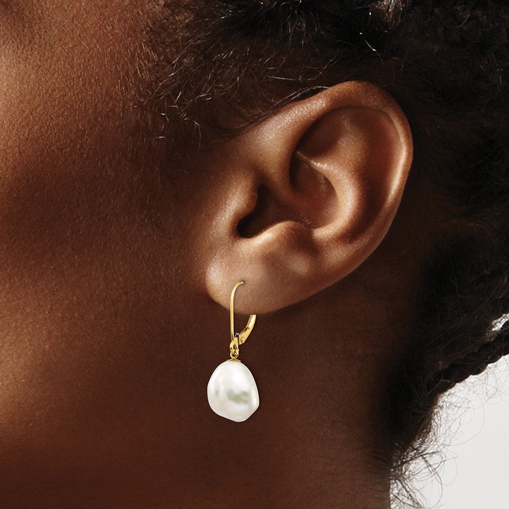 14K 10x12mm White Keshi Freshwater Cultured Pearl Leverback Earrings