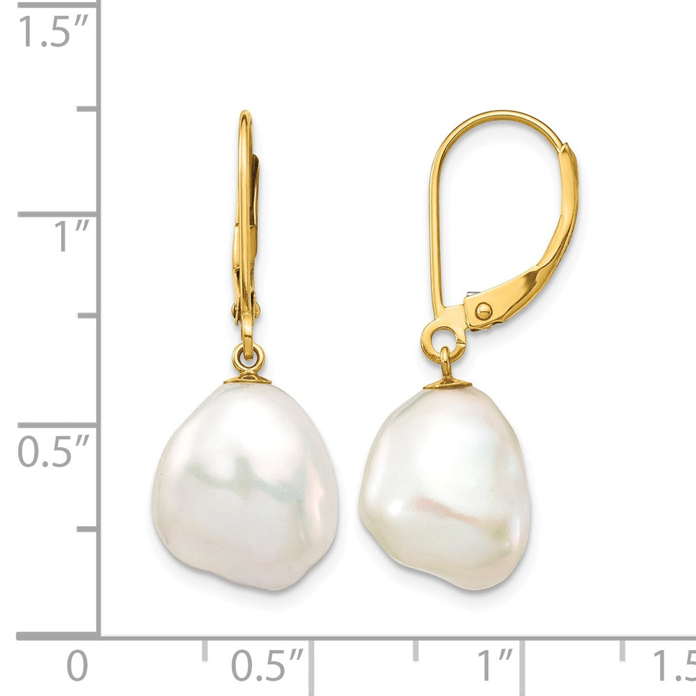 14K 10x12mm White Keshi Freshwater Cultured Pearl Leverback Earrings