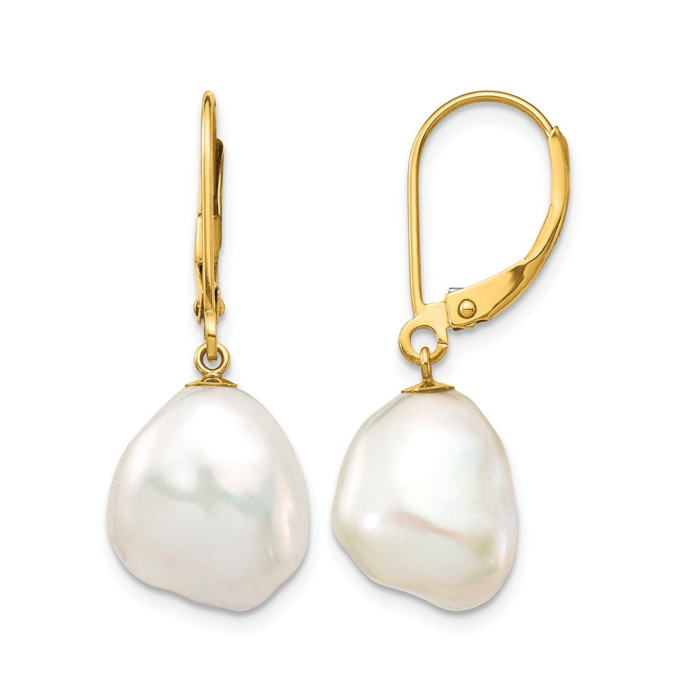 14K 10x12mm White Keshi Freshwater Cultured Pearl Leverback Earrings