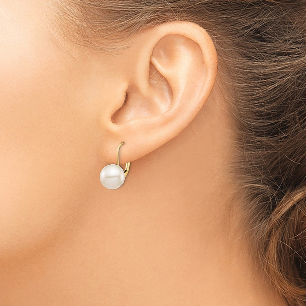 14K 9-10mm White Round Freshwater Cultured Pearl Leverback Earrings