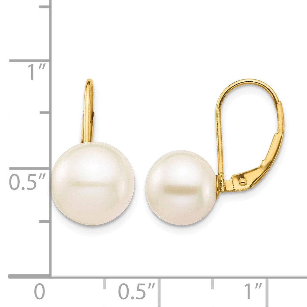 14K 9-10mm White Round Freshwater Cultured Pearl Leverback Earrings