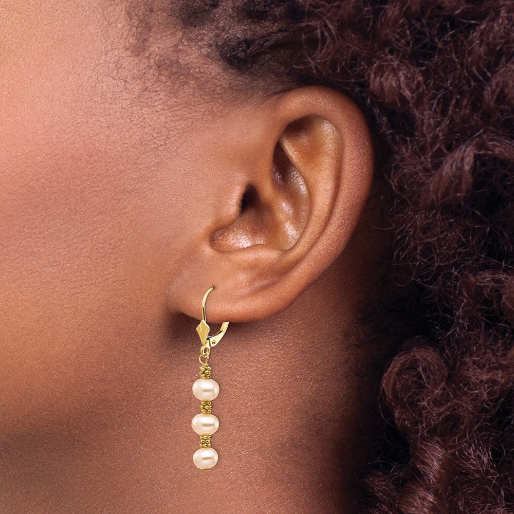 14K 5-6mm Pink Semi-round Freshwater Culutured Pearl Leverback Earrings