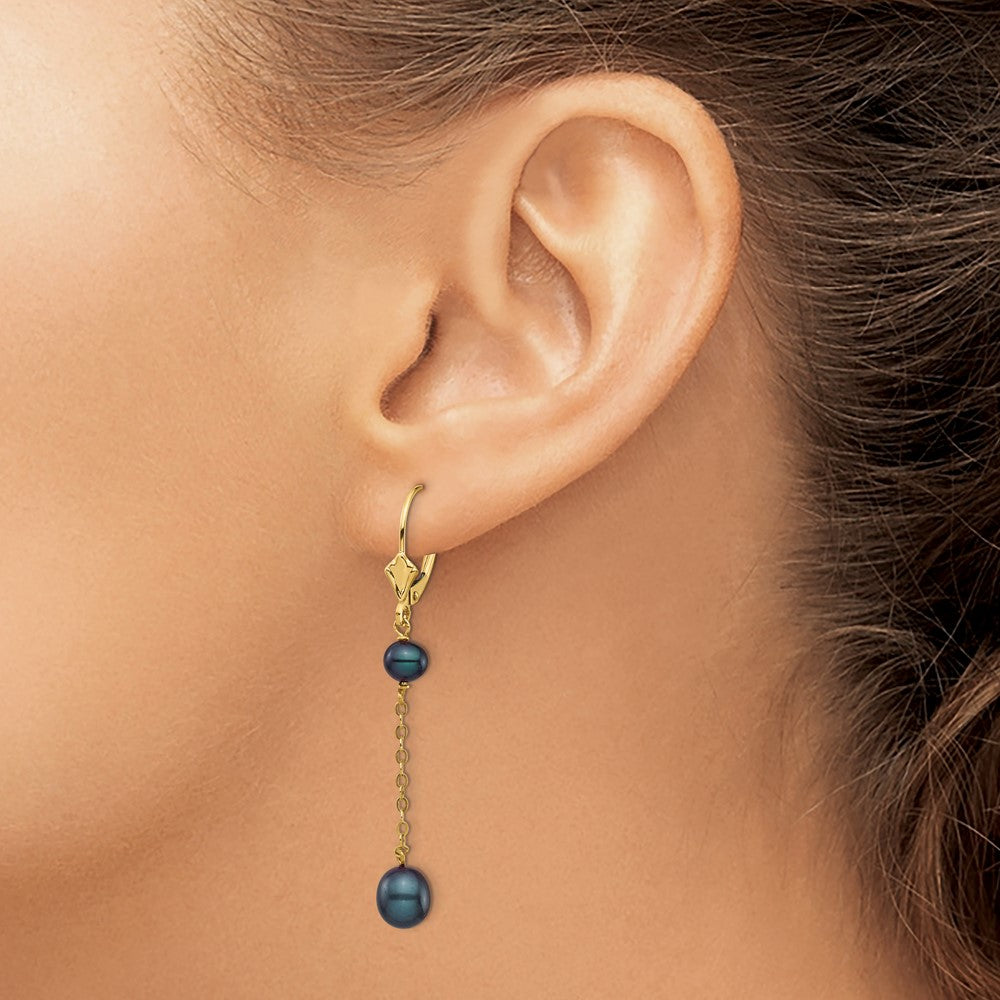 14K 5-7mm Black Rice Freshwater Cultured Pearl Leverback Earrings