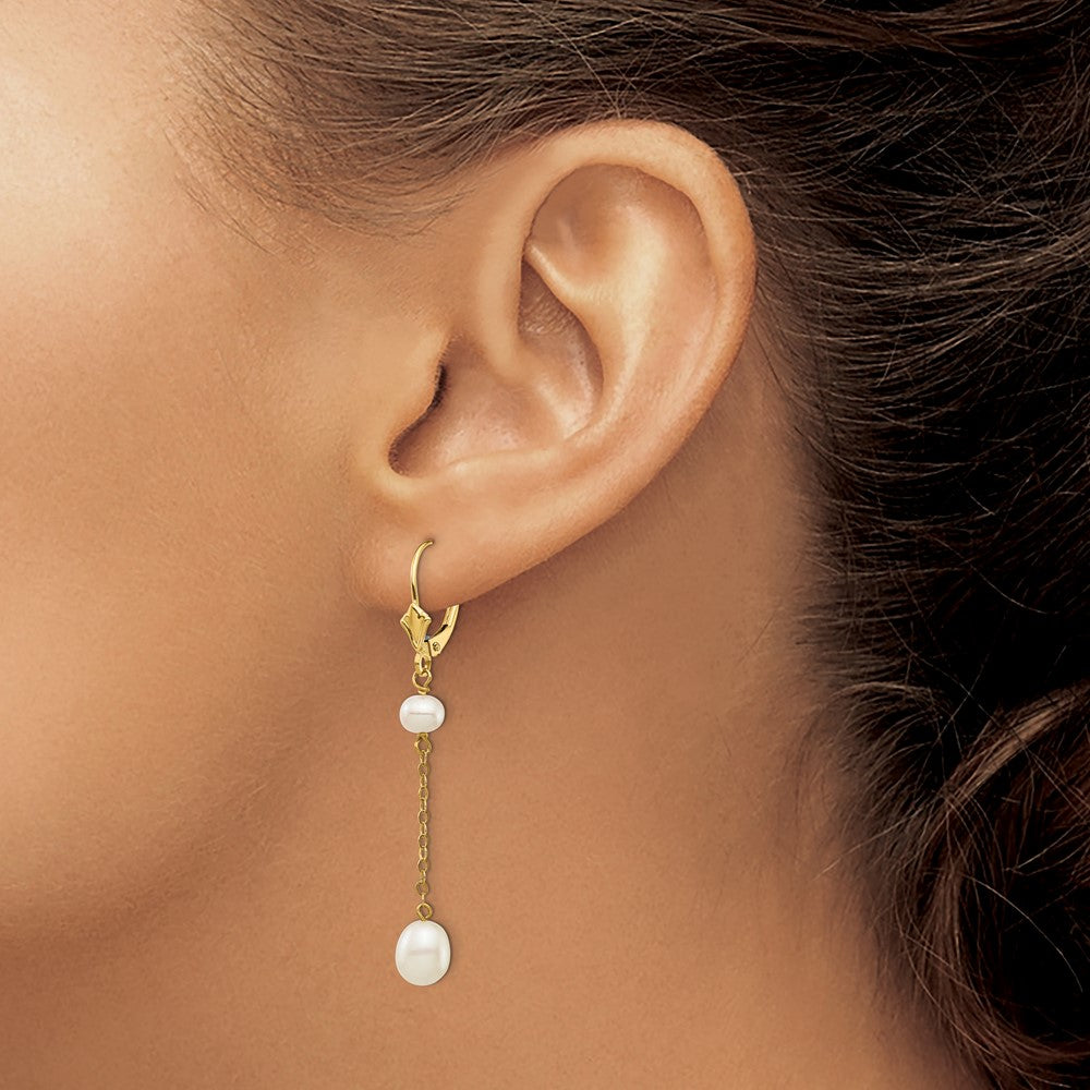 14K 5-7mm White Rice Freshwater Cultured Pearl Leverback Earrings