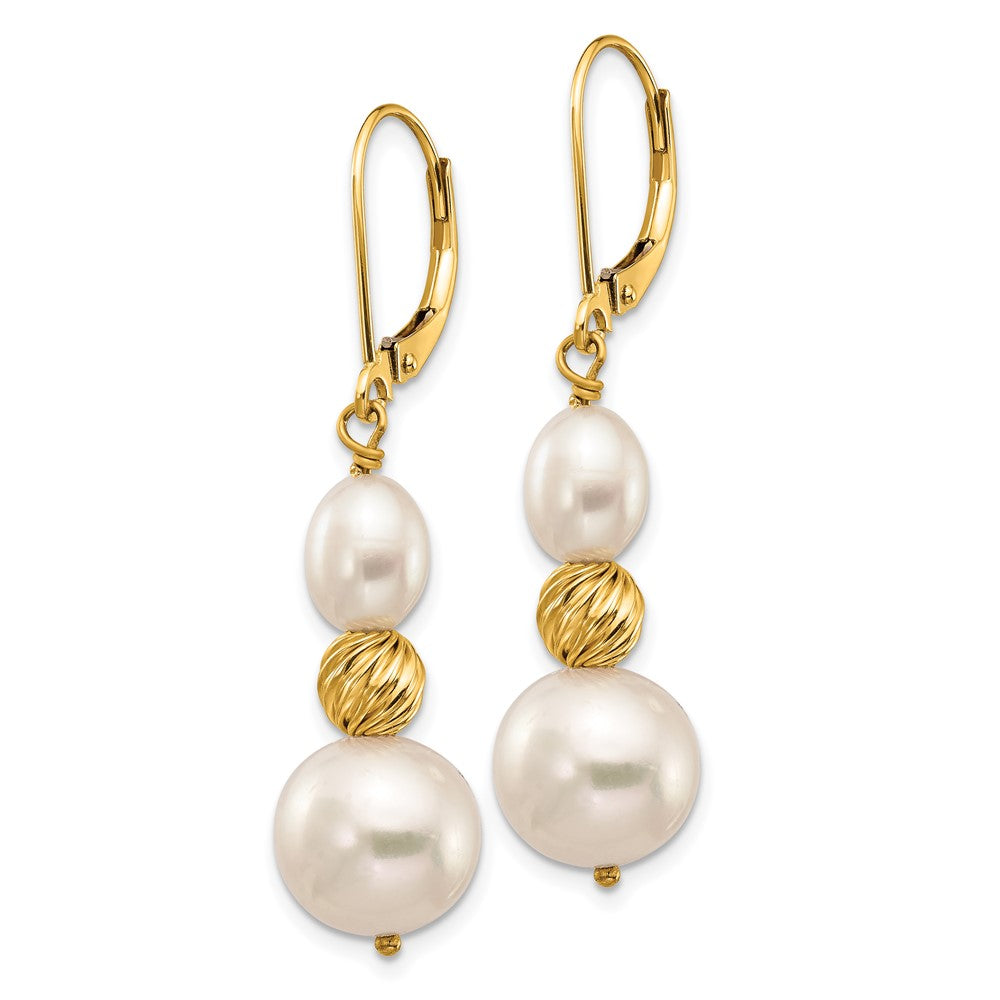 14K 6-10mm White Freshwater Cultured Pearl D/C Bead Leverback Earrings