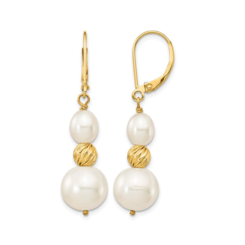 14K 6-10mm White Freshwater Cultured Pearl D/C Bead Leverback Earrings