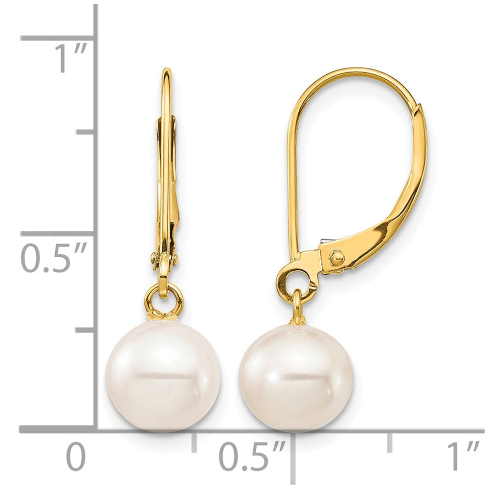 14K 7-8mm White Round Freshwater Cultured Pearl Leverback Earrings