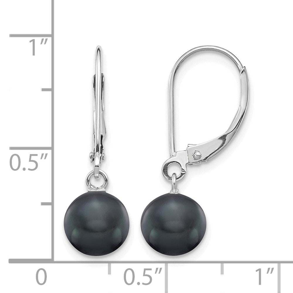 14K White Gold 7-8mm Black Round FWC Pearl Leverback Earrings
