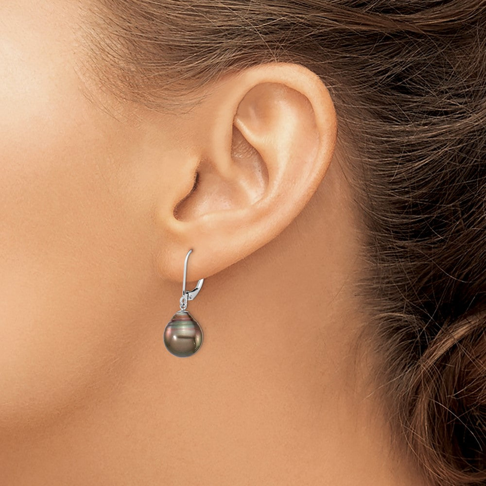 14K WG 10-11mm Teardrop Saltwater Cultured Tahitian Leverback Earrings