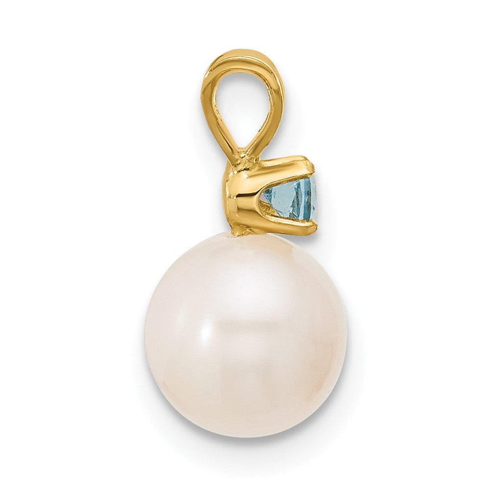 14K 7-7.5mm White Round FWC Pearl Swiss Blue Topaz Pendant