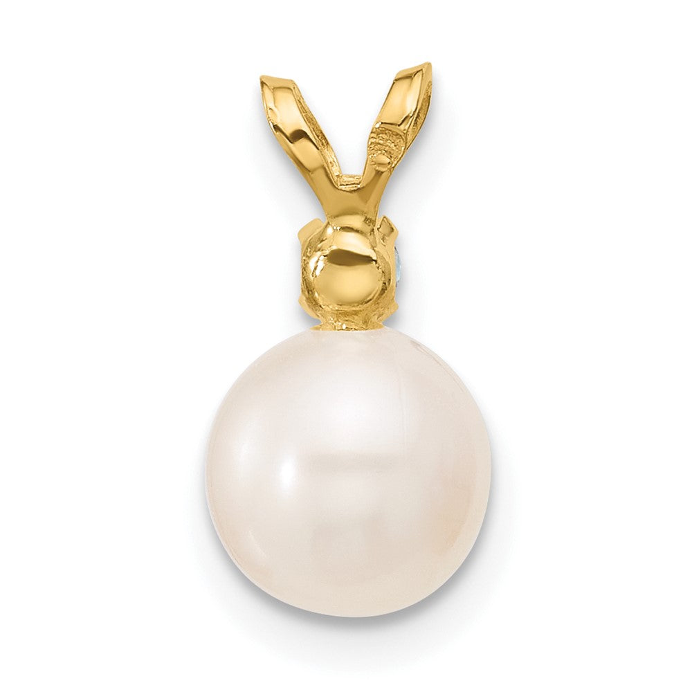 14K 7-7.5mm White Round FWC Pearl Swiss Blue Topaz Pendant