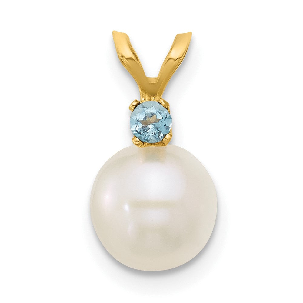 14K 7-7.5mm White Round FWC Pearl Swiss Blue Topaz Pendant