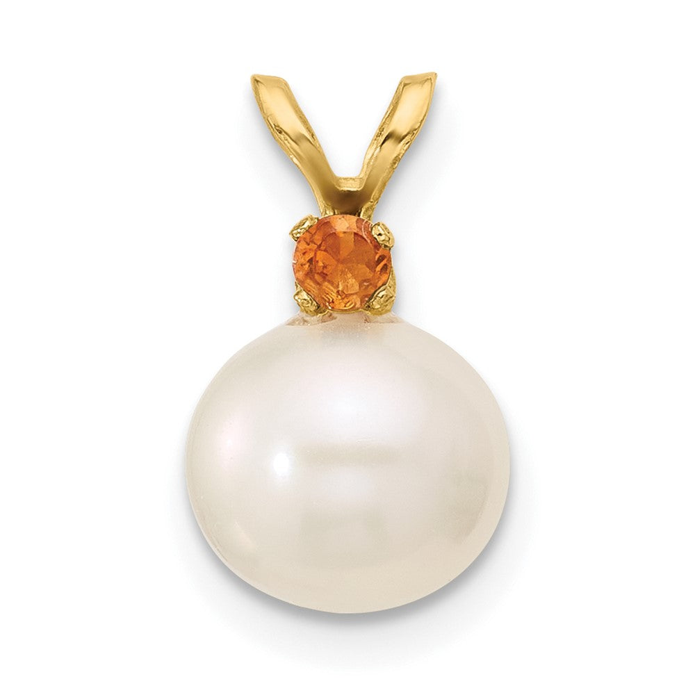 14K Citrine 8-8.5mm White Round FWC Pearl Pendant