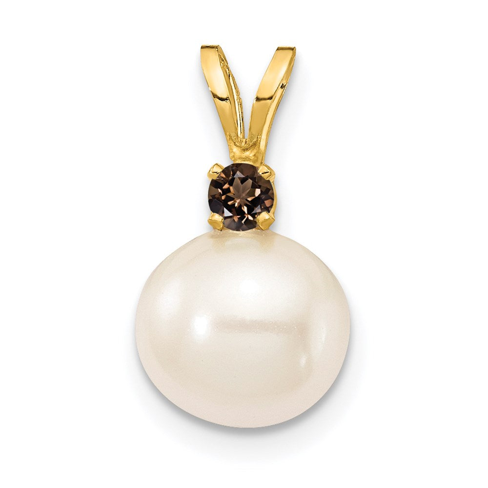 14K Smoky Quartz 8-8.5mm White Round FWC Pearl Pendant