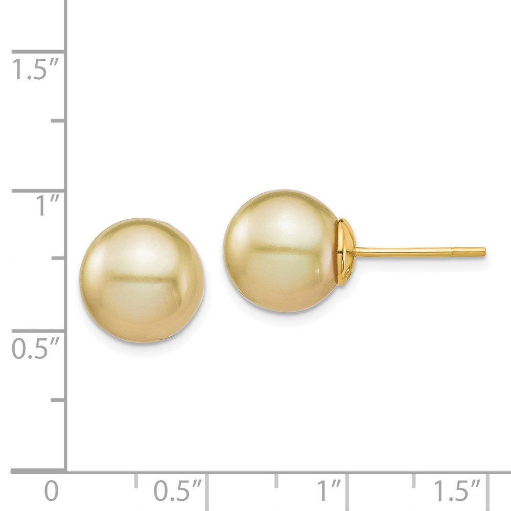 14K 10-11mm Golden Round Saltwater Cultured South Sea Pearl Post Earrings