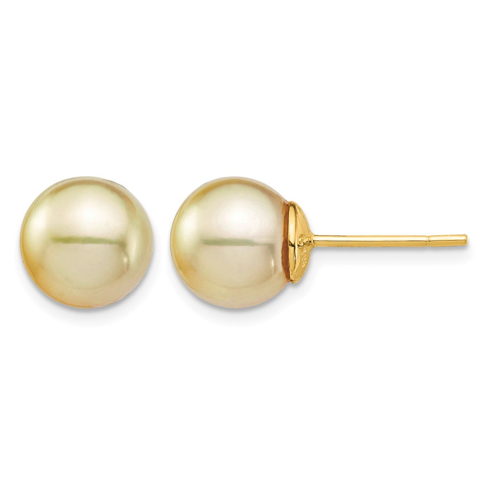 14K 9-10mm Golden Round Saltwater Cultured South Sea Pearl Post Earrings