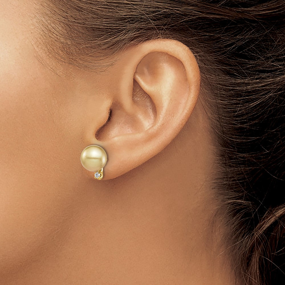 14K 9-10mm Golden Saltwater Cultured South Sea Pearl .10ct Dia Earrings