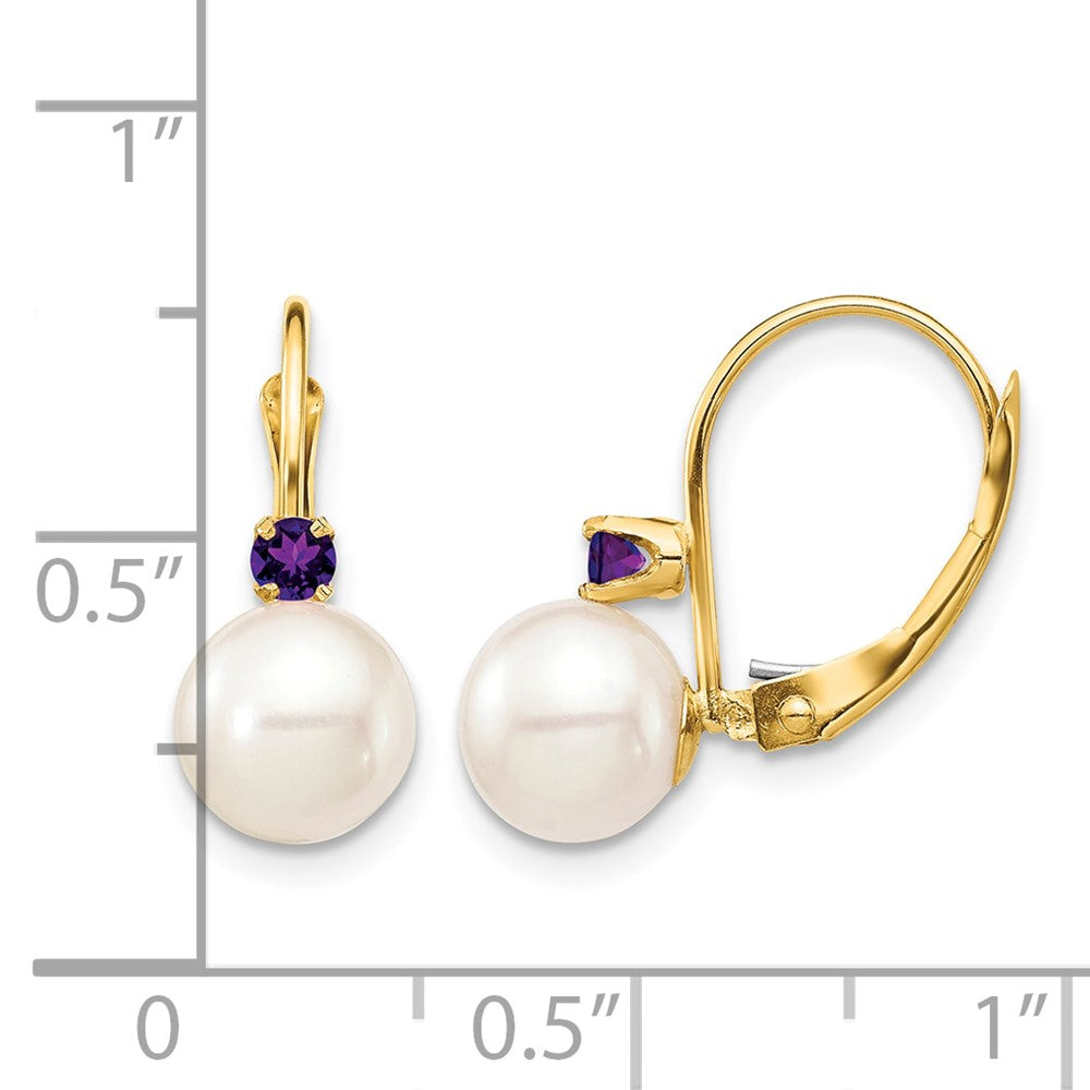 14K 7-7.5mm White Round FWC Pearl Amethyst Leverback Earrings