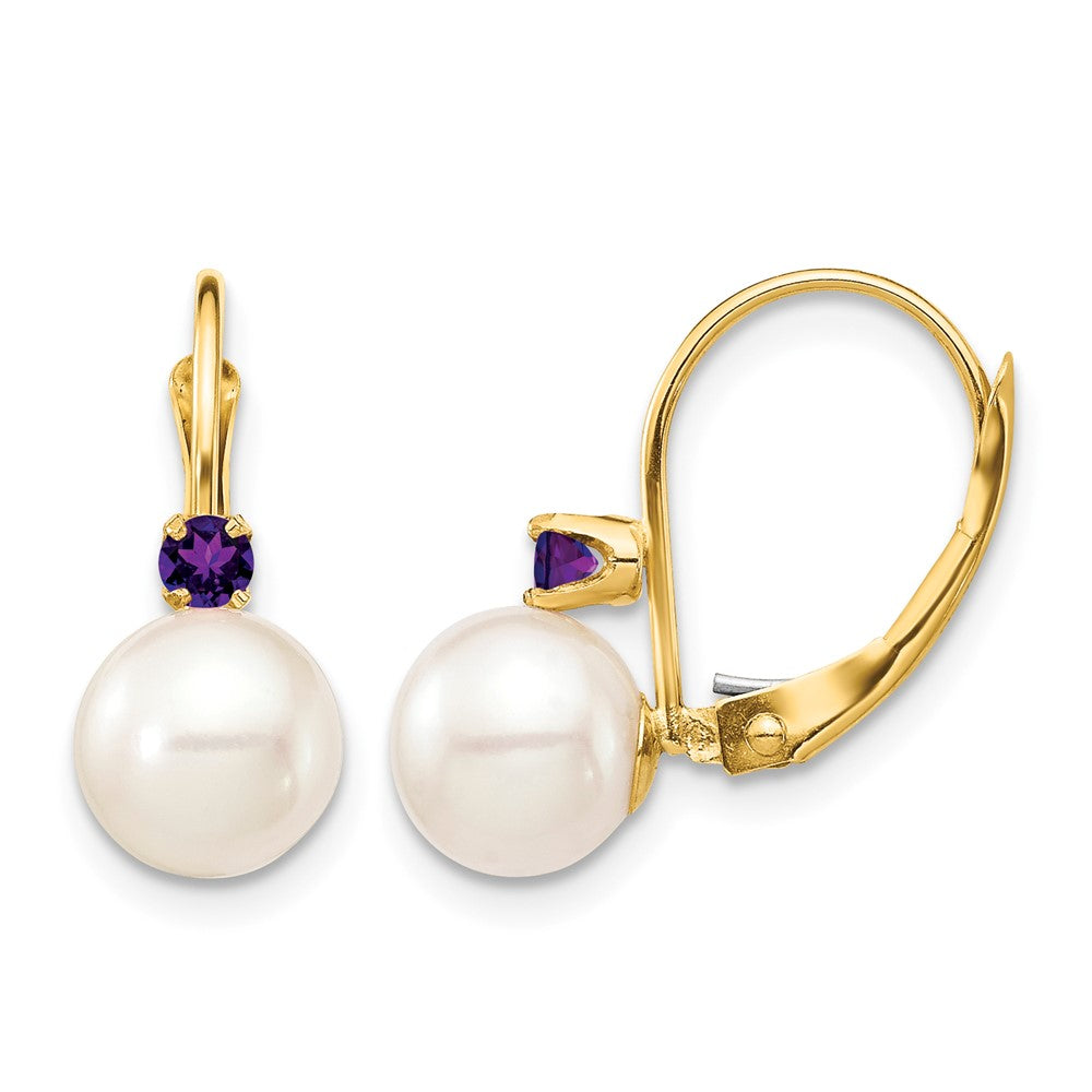 14K 7-7.5mm White Round FWC Pearl Amethyst Leverback Earrings