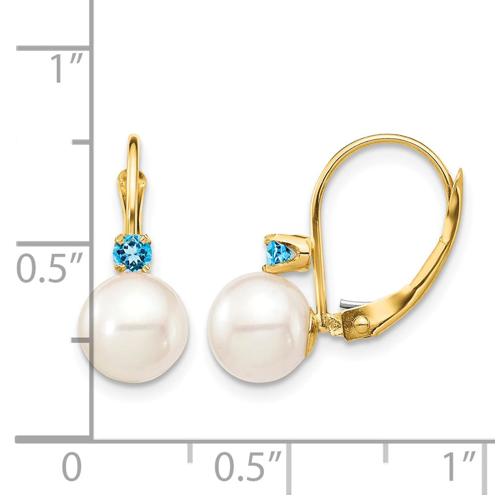 14K 7-7.5mm White Round FWC Pearl Swiss Blue Topaz Leverback Earrings