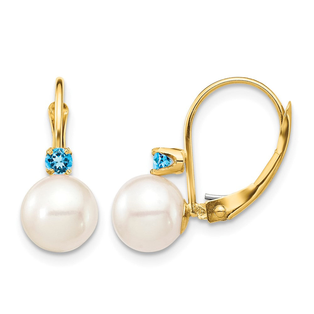 14K 7-7.5mm White Round FWC Pearl Swiss Blue Topaz Leverback Earrings