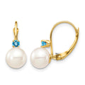 14K 7-7.5mm White Round FWC Pearl Swiss Blue Topaz Leverback Earrings