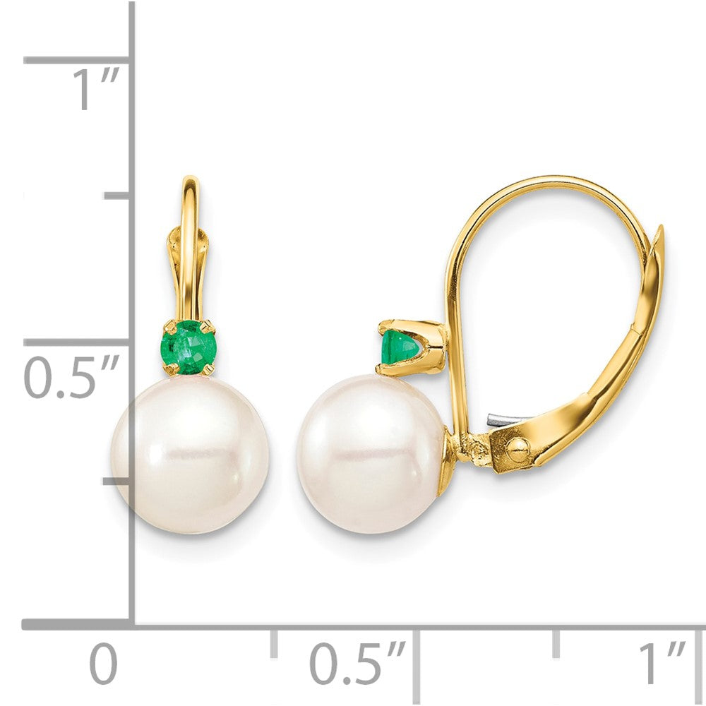 14K 7-7.5mm White Round FWC Pearl Emerald Leverback Earrings