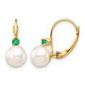 14K 7-7.5mm White Round FWC Pearl Emerald Leverback Earrings