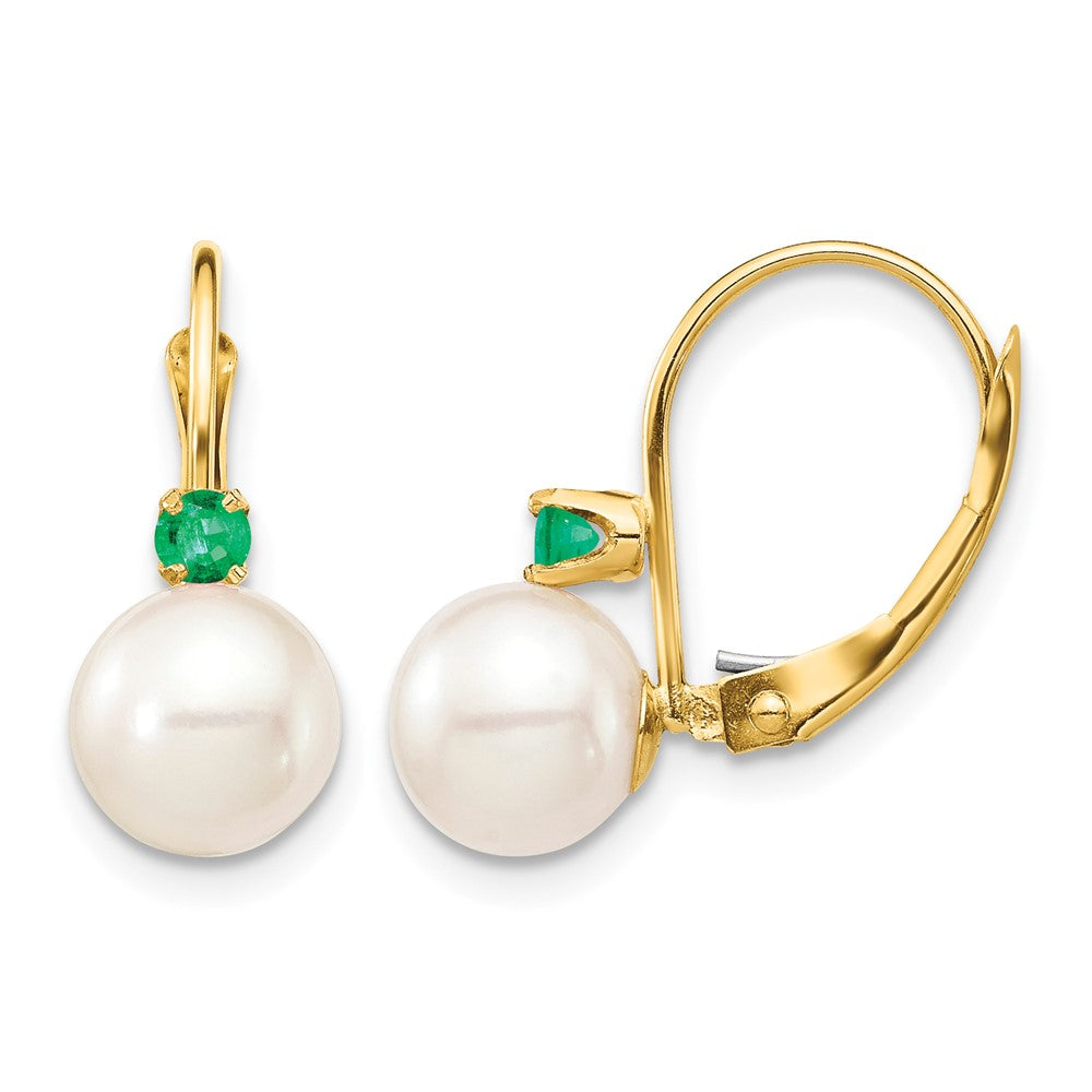 14K 7-7.5mm White Round FWC Pearl Emerald Leverback Earrings