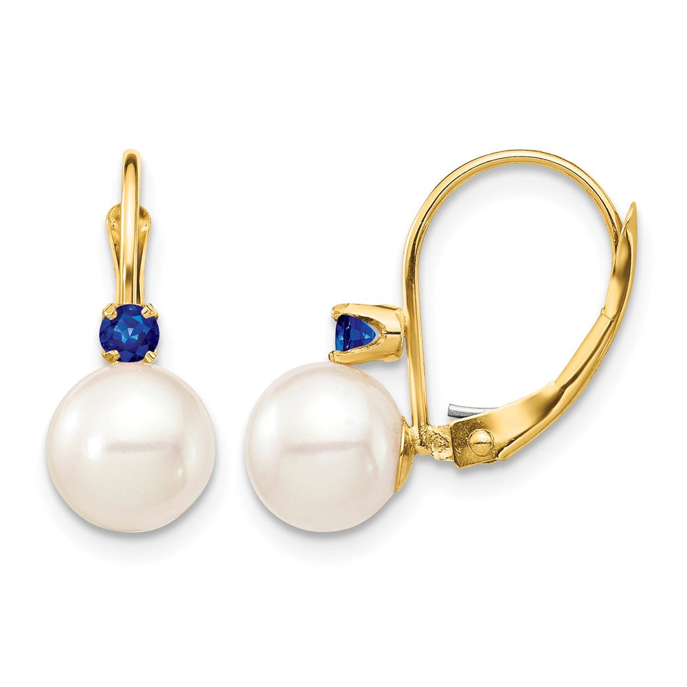 14K 7-7.5mm White Round FWC Pearl Sapphire Leverback Earrings