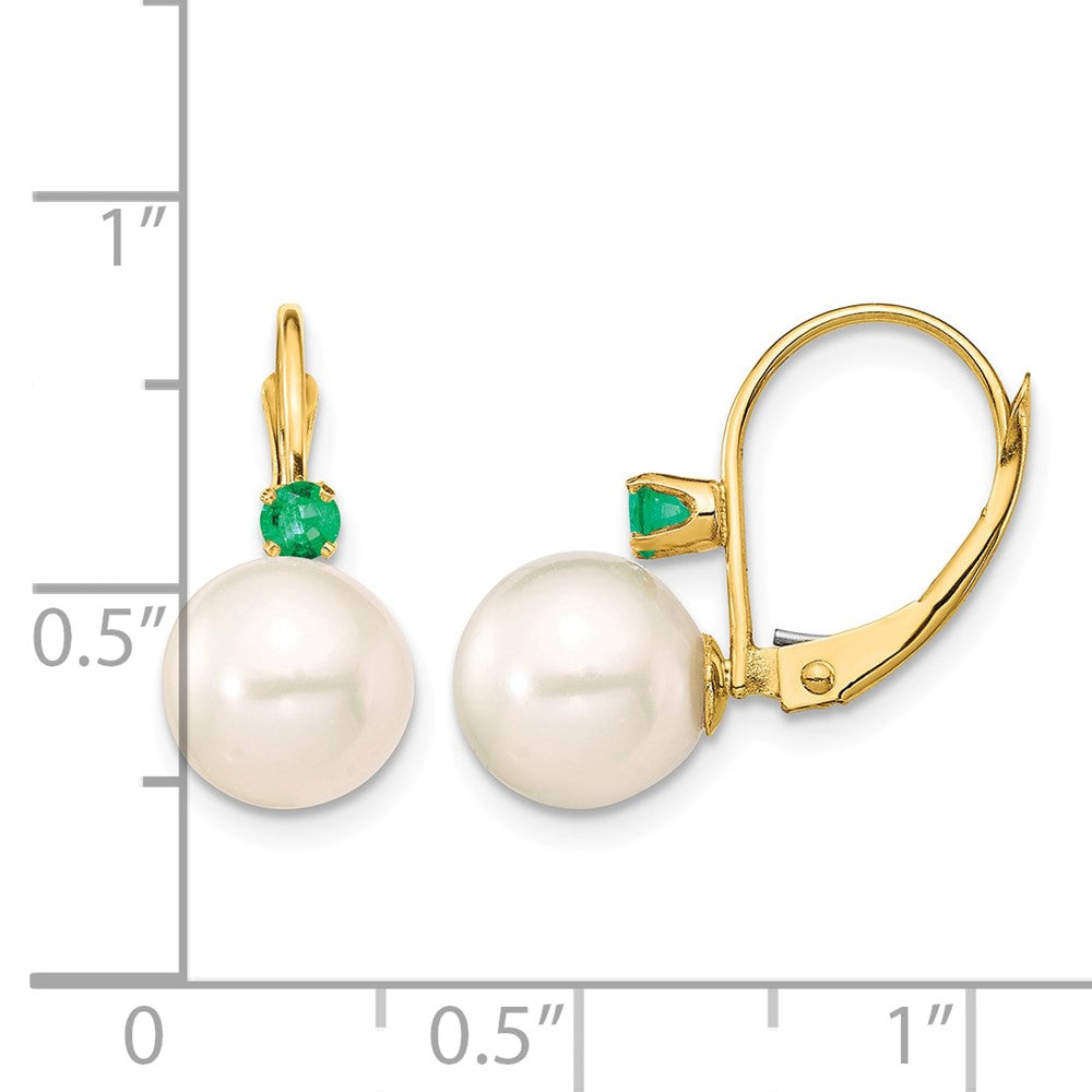 14K 8-8.5mm White Round FWC Pearl Emerald Leverback Earrings