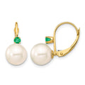 14K 8-8.5mm White Round FWC Pearl Emerald Leverback Earrings