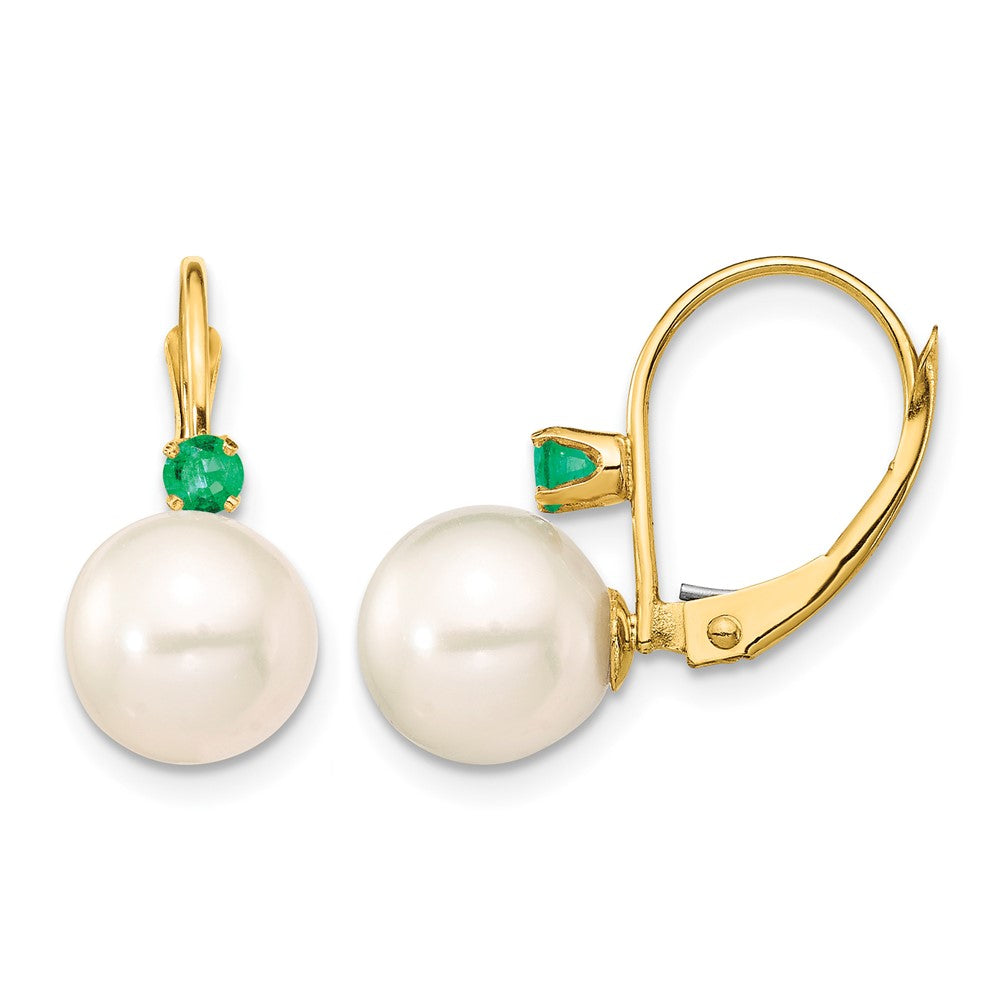 14K 8-8.5mm White Round FWC Pearl Emerald Leverback Earrings