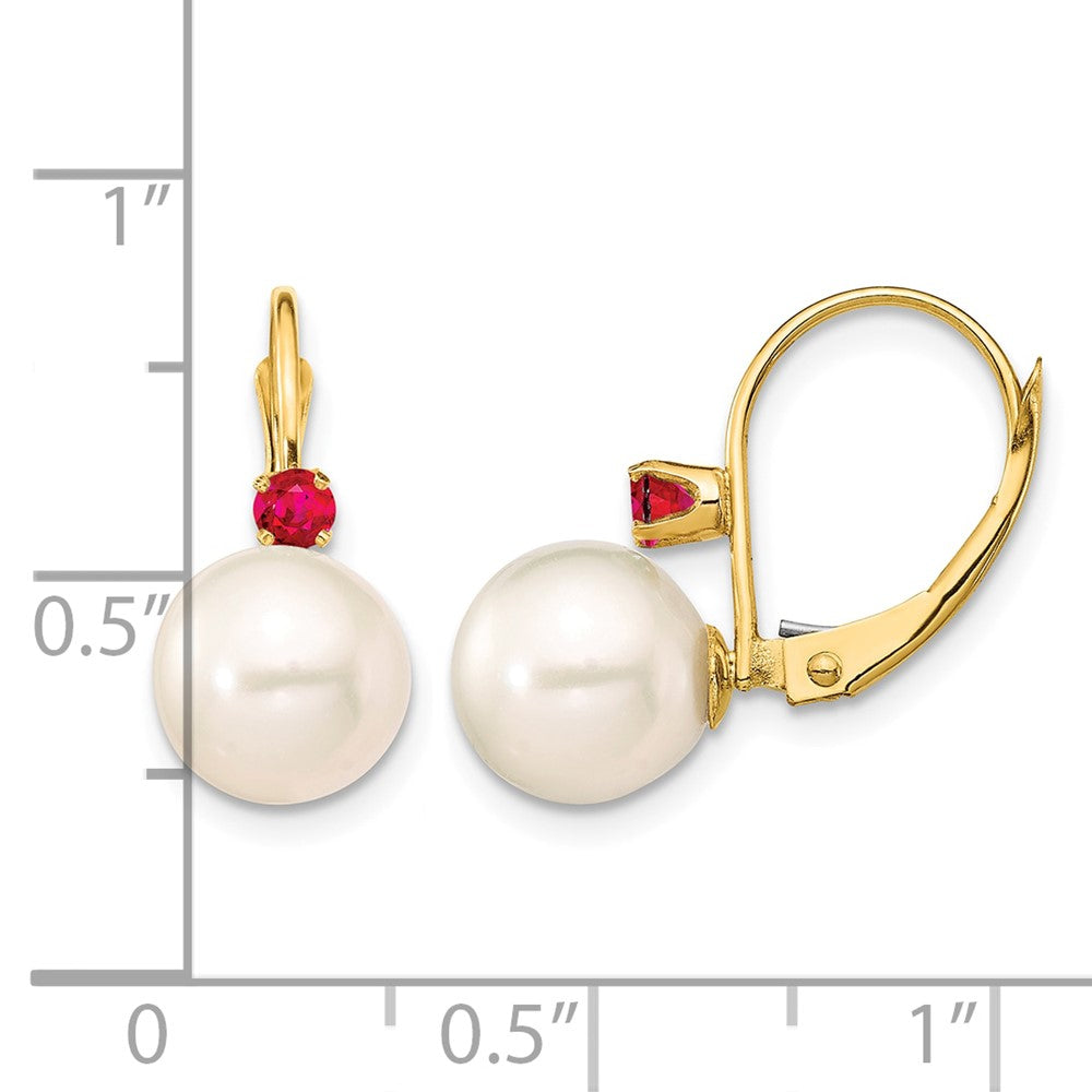 14K 8-8.5mm White Round FWC Pearl Ruby Leverback Earrings