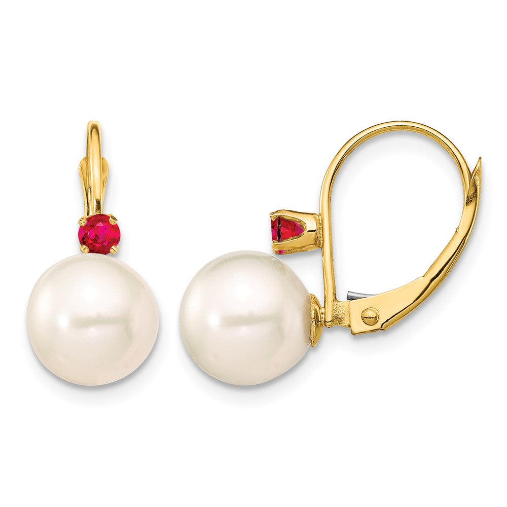 14K 8-8.5mm White Round FWC Pearl Ruby Leverback Earrings