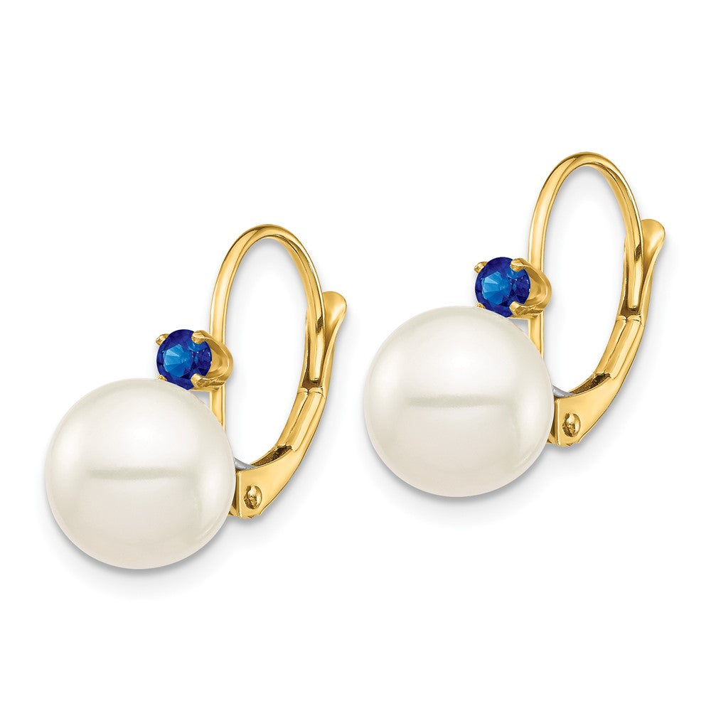 14K 8-8.5mm White Round FWC Pearl Sapphire Leverback Earrings