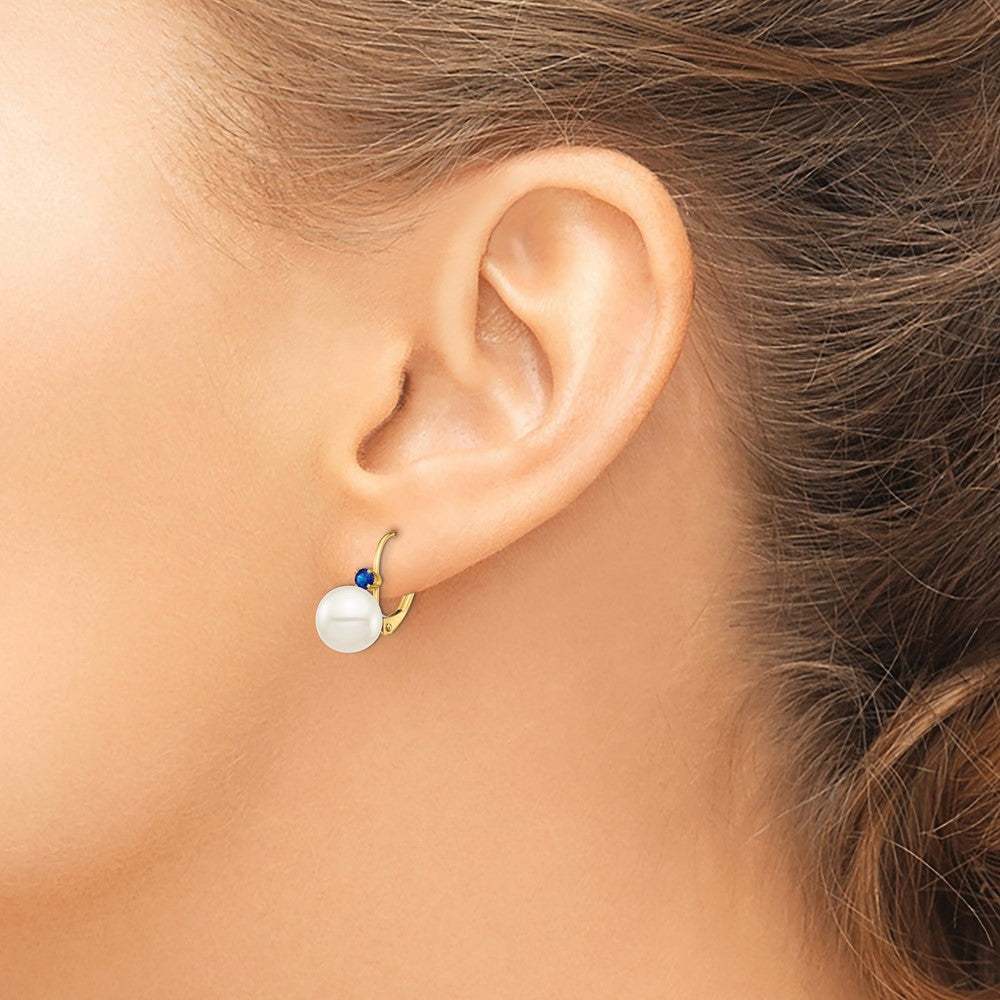 14K 8-8.5mm White Round FWC Pearl Sapphire Leverback Earrings