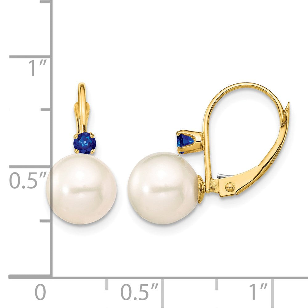 14K 8-8.5mm White Round FWC Pearl Sapphire Leverback Earrings