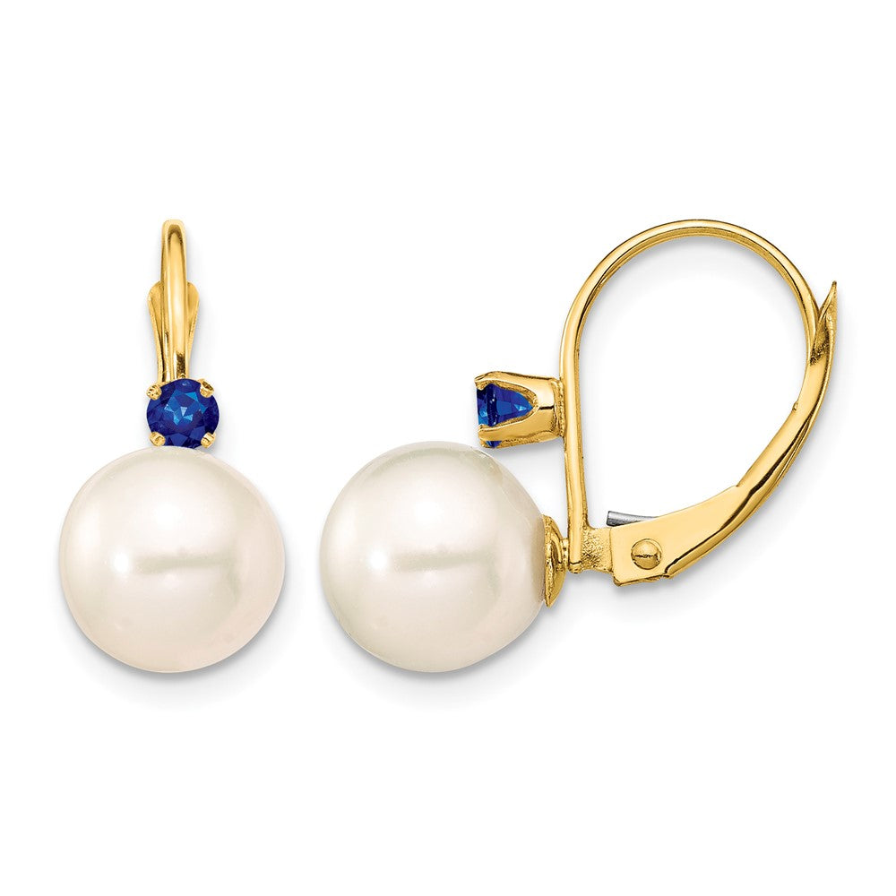 14K 8-8.5mm White Round FWC Pearl Sapphire Leverback Earrings