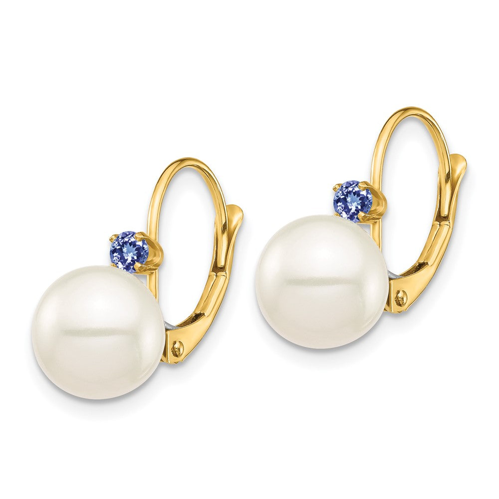 14K 8-8.5mm White Round FWC Pearl Tanzanite Leverback Earrings