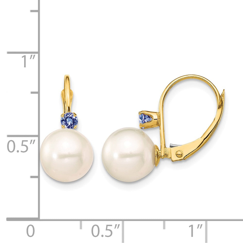 14K 8-8.5mm White Round FWC Pearl Tanzanite Leverback Earrings